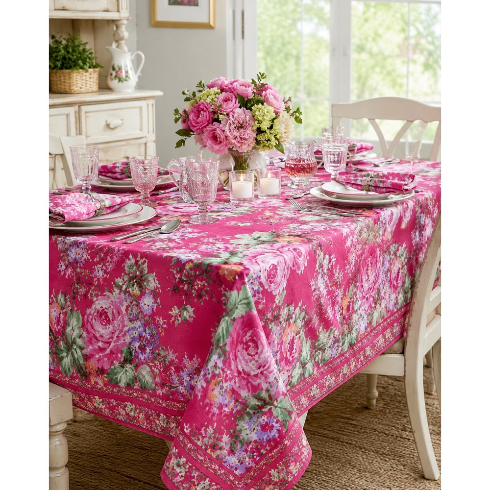 NEW April Cornell Fabric Tablecloth Floral COTTAGE ROSE 100% Cotton Size 60"x84"